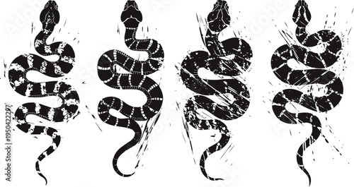 Black coiled snake silhouettes with pattern four stylized reptile designs with distressed textures