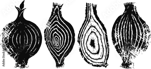 Black and white onion linocut print stylized root vegetable illustration with textured pattern and concentric rings