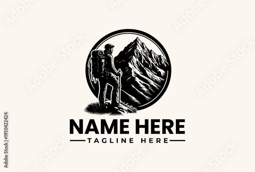A black and white illustration of a hiker standing in front of a mountain range within a circular logo on a beige background with space for a name and tagline.