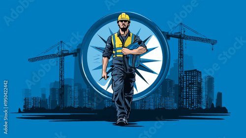 A construction worker walks forward, with a compass rose and city skyline in the background