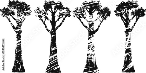 silhouettes of four stylized trees with textured bark and foliage in black and white design