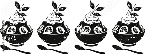 four bowls of fruit dessert with whipped cream and mint garnish, served with spoons