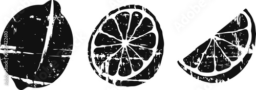 vintage citrus fruit illustrations lemon whole, slice, and wedge grunge style, black and white