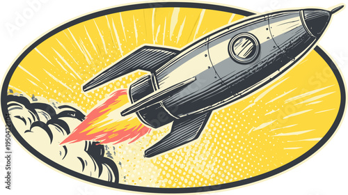 Retro illustration featuring a stylized rocket blasting off inside an oval, with a burst of light
