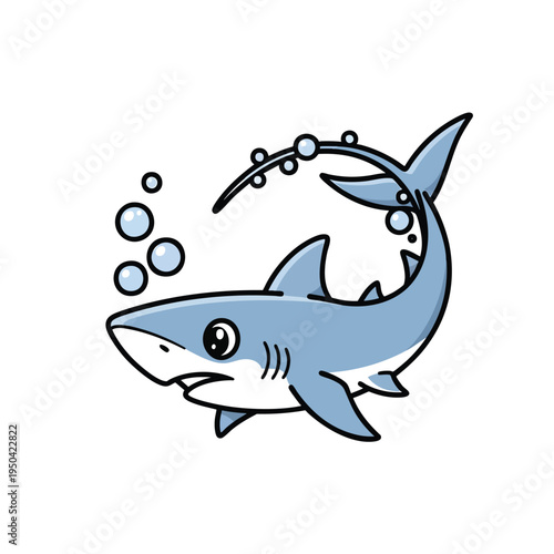 A cartoon depiction of a light blue shark swimming in the water with bubbles trailing behind it. The shark has large eyes