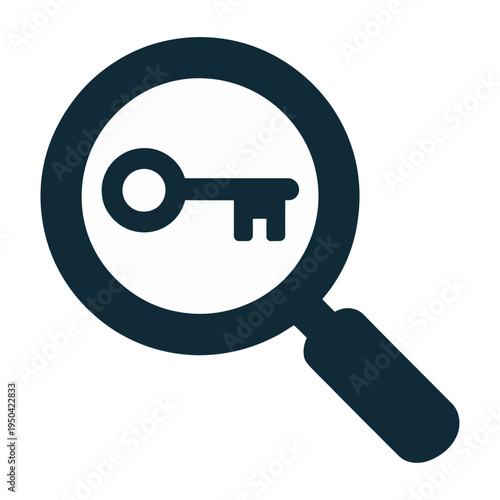 Magnifying glass with a vector key icon displayed in the center for focus