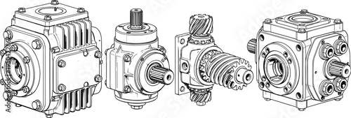 Industrial gearbox set, mechanical gear reducer collection, isometric engineering line art, transmission machinery components, precision gear system illustration for manufacturing design vector