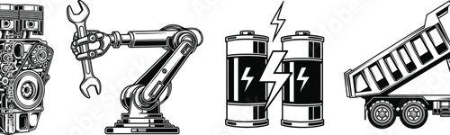 industrial machinery and energy icons set, robotic arm engine battery power and dump truck vector illustration, heavy industry technology collection