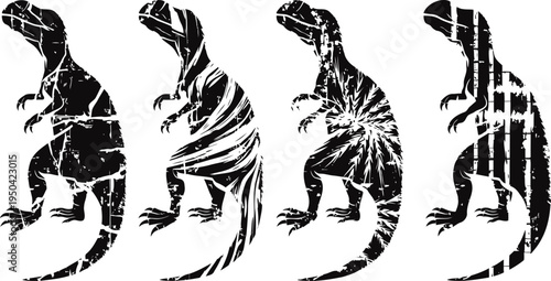 set of four black and white lizard silhouettes with distressed vintage texture, reptile art collection