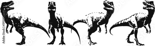 four black t rex dinosaur silhouettes in different standing poses isolated on white