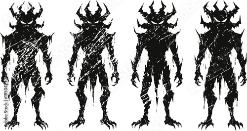 shadow demon warrior silhouettes with horns and claws standing in powerful poses