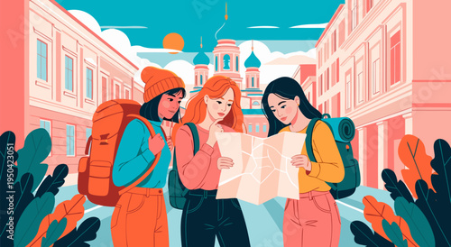 A detailed vector illustration of three young women with backpacks looking at a map, ready for a travel adventure in a city