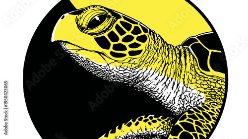 Graphic artwork of a sea turtle head and neck. Uses bold yellow, black, and white colors in a circular format