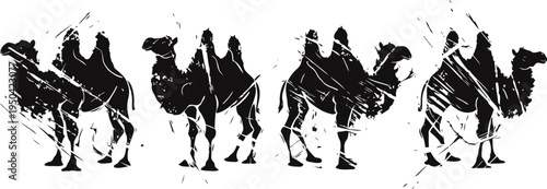 silhouettes of camels with riders walking in a row desert animals and nomads travel concept