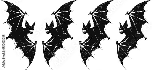 Four black silhouettes of flying bats with spread wings in gothic halloween decor