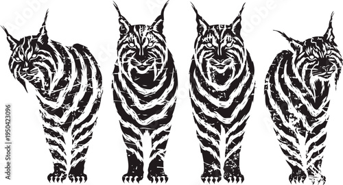 Four symmetrical black and white tiger illustrations standing, facing forward, and showing fierce expressions