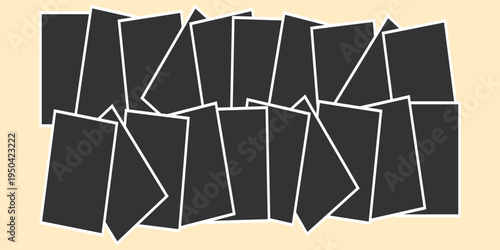Vertical photo frame layout. Scattered five picture frame template. Blank retro photo display. Portrait photo placeholder design. Overlapped Print card mockup
