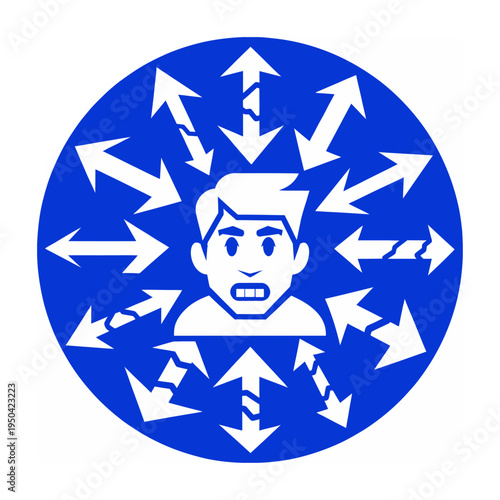 Vector of a man overwhelmed by arrows pointing in different directions