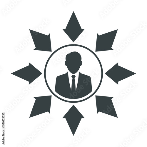 Vector graphic of a businessman surrounded by arrows pointing outward in a circle