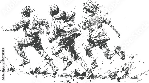 Three boys running and playing soccer on the field in dynamic motion sketch