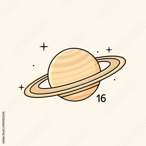 A cartoon depiction of a ringed planet with a light beige background. The planet is a light orange, with rings around it, and some dots and plus signs