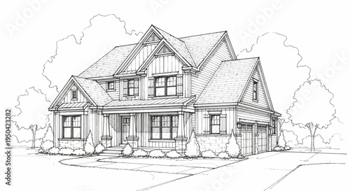 Detailed line drawing of a modern two-story house with gables, a front porch, and an attached garage, surrounded by landscaping.