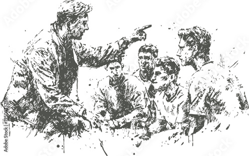 Teacher instructing attentive students in classroom discussion setting, sketch drawing concept