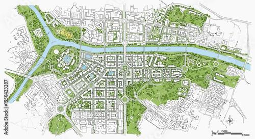 Detailed urban master plan showing city layout, river, green spaces, and street grid.