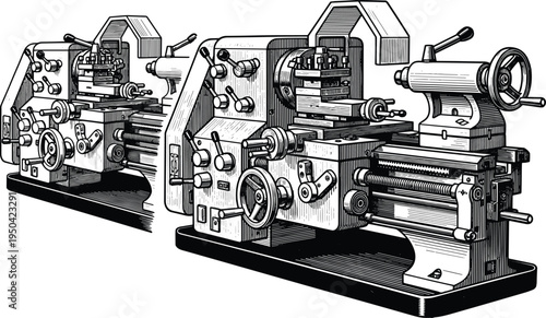 industrial metal lathe machine illustration, mechanical turning equipment for engineering workshop, vintage engraving style manufacturing machinery, precision metalworking vector collection