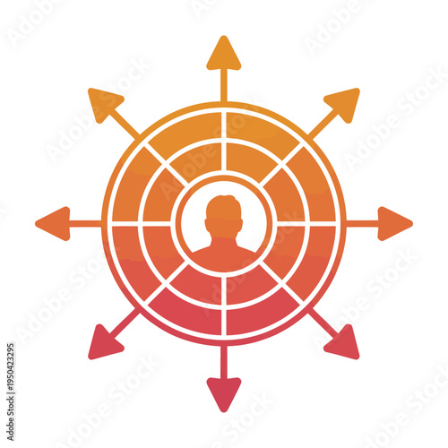 Vibrant vector with a circular target symbol and arrows emanating from a central figure