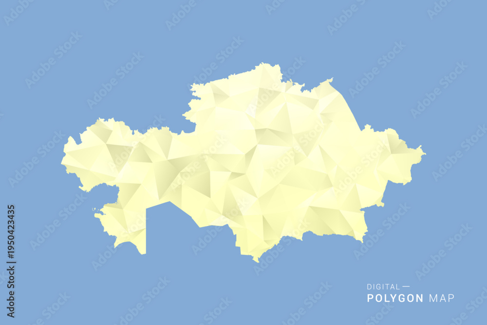 Naklejka premium Kazakhstan Map in low poly polygon vector style, geometric shape illustration with soft yellow tones on blue background, clean silhouette for infographic.