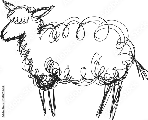 Hand drawn sketch of a sheep with curly wool and simple black lines on white background