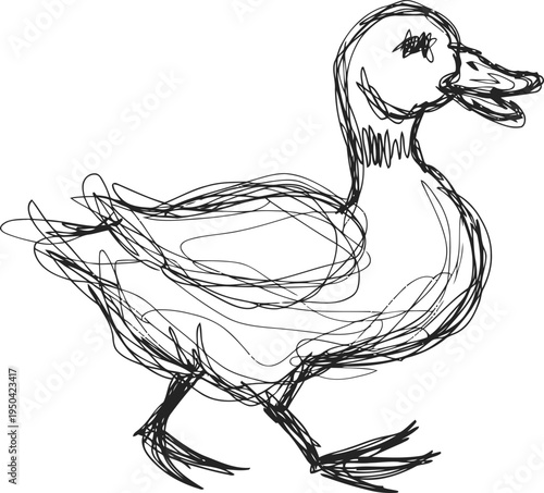 hand drawn sketch of a walking duck with detailed lines and expressive strokes