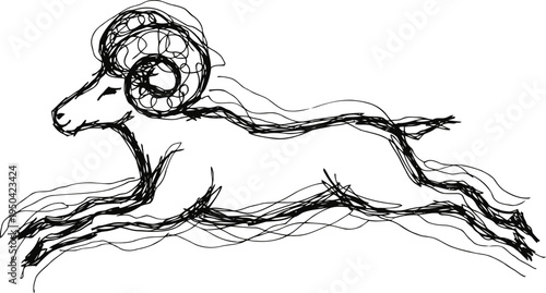 Running ram sketch hand drawn goat with curved horns in motion dynamic animal drawing with flowing lines and energy
