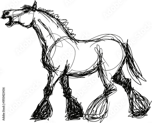 Sketch of a lively horse with detailed mane and tail, dynamic posture, and expressive open mouth