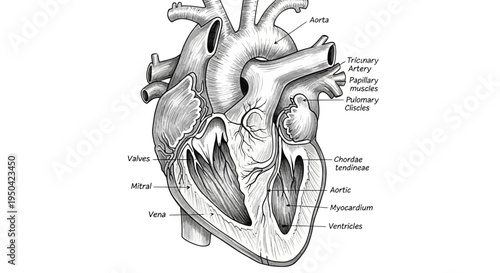 Detailed anatomical diagram of the human heart showing internal structures and major blood vessels.