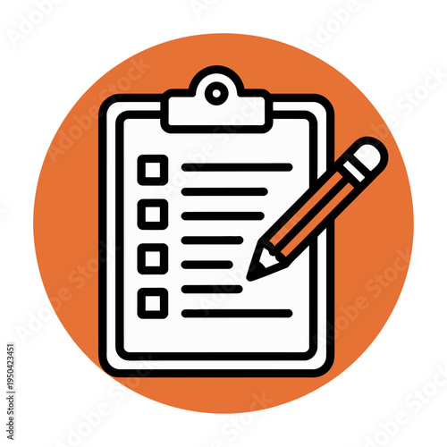 Clipboard with a checklist and pencil depicted in a vector on an orange background