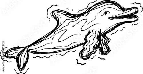 hand drawn dolphin illustration in black line art swimming with water splashes