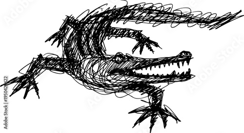 Crocoile sketch drawing black ink lines isolated on white background illustration art