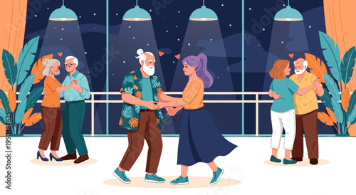Vector illustration of happy elderly couples dancing together in a ballroom with plants and stars on the backdrop