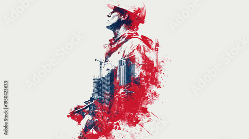 Graphic art of a construction worker with building silhouette and vibrant red, white, and blue tones