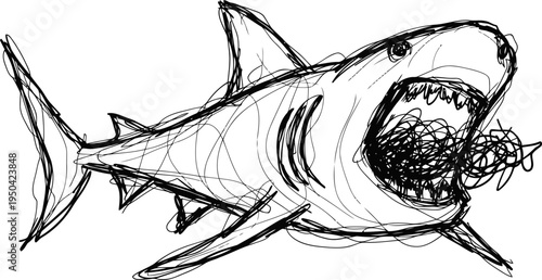 sketch of an aggressive shark with wide open mouth and sharp teeth in black ink