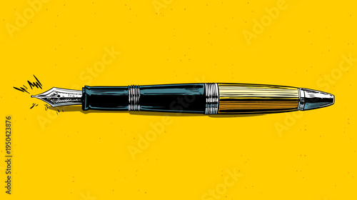 Illustration of a classic fountain pen with a nib on a vibrant yellow background, stylized art