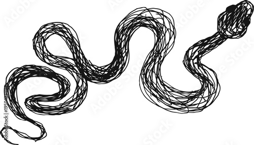 Abstract black scribble line forming a wavy, irregular snake like shape on white background