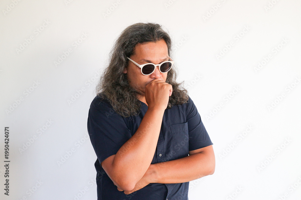 Fototapeta premium Asian man expression of thinking and worry over isolated white wall