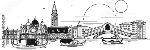 Black and white sketch of iconic canal city architecture with gondolas