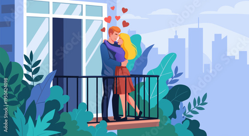 Romantic Couple Embracing on Balcony with Cityscape Background - Vector Illustration for Love and Relationship Themes