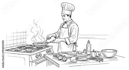 Male chef in a professional kitchen cooking on a stove with fresh ingredients.