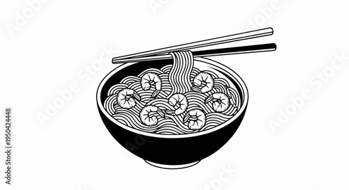 Black and white illustration of shrimp and noodles in a bowl with chopsticks