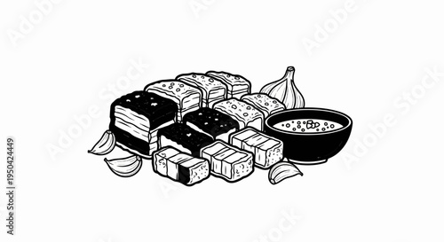 Black and white illustration of stacked tofu cubes with garlic and dipping sauce